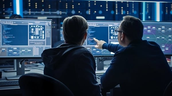 Developers working on code with one man pointing at the screen