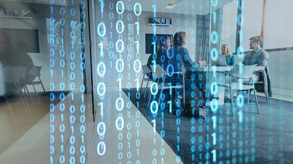 Abstract code with corporate workers in the background