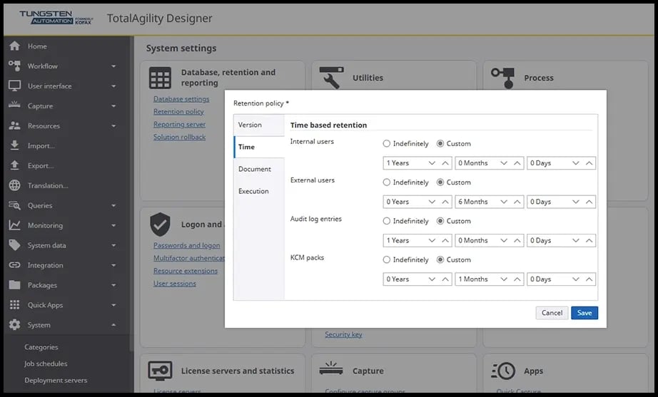 TotalAgility Retention Audit log setting