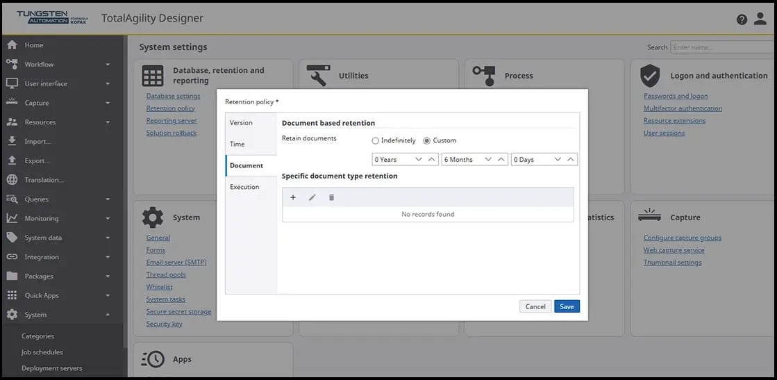 TotalAgility document retention setting