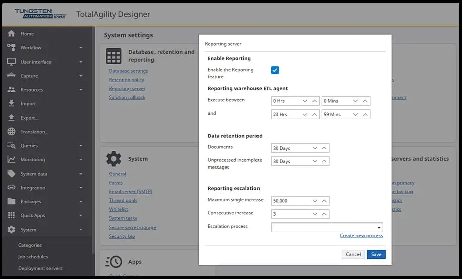 TotalAgility Retention reporting server retention setting