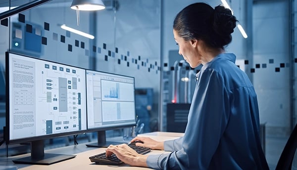Industrial engineer working on content workflow on computer
