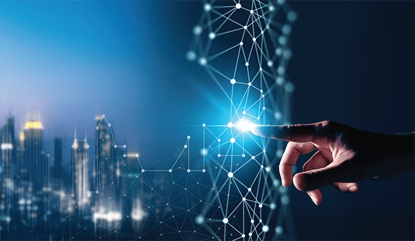 Abstract image of finger pointing to neon graph